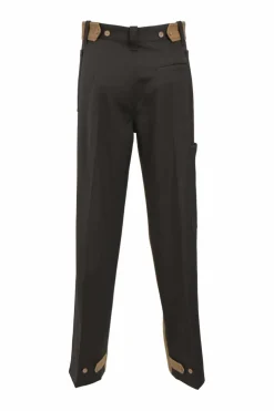 Camel and brown paneled wool striped suit set featuring notch lapel tailored jacket and pleat-front tailored trousers with extended tab closure