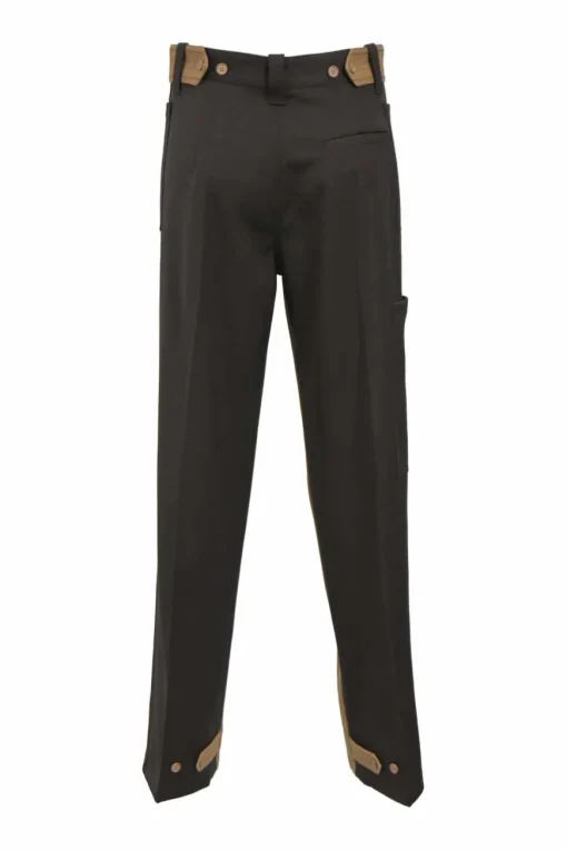 Camel and brown paneled wool striped suit set featuring notch lapel tailored jacket and pleat-front tailored trousers with extended tab closure