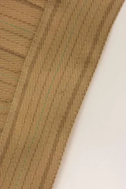 Camel and brown paneled wool striped suit set featuring notch lapel tailored jacket and pleat-front tailored trousers with extended tab closure