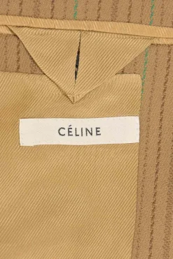 Camel and brown paneled wool striped suit set featuring notch lapel tailored jacket and pleat-front tailored trousers with extended tab closure