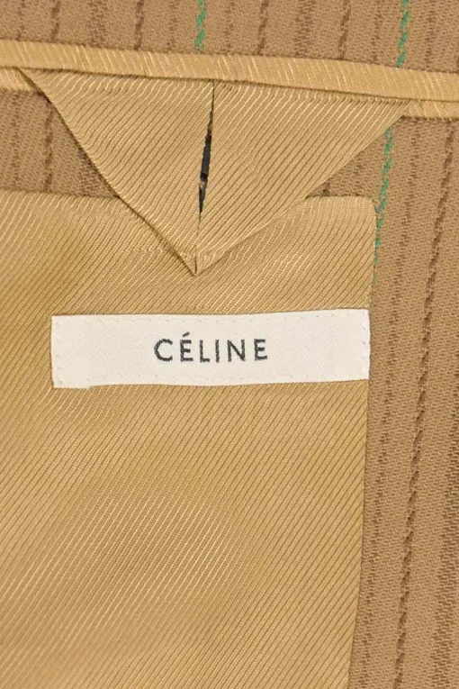 Camel and brown paneled wool striped suit set featuring notch lapel tailored jacket and pleat-front tailored trousers with extended tab closure