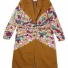 Camel cotton single breasted notch lapel trompe l'œil coat featuring abstract floral motif