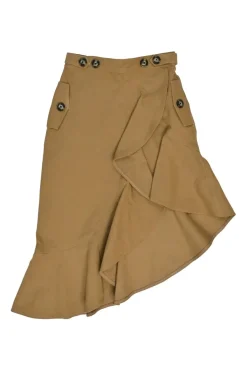 Camel cotton-blend twill asymmetric ruffle skirt