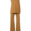 Camel draped viscose one-shoulder blouse and high-rise flared pants two-piece set