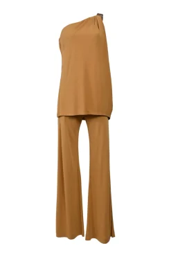 Camel draped viscose one-shoulder blouse and high-rise flared pants two-piece set