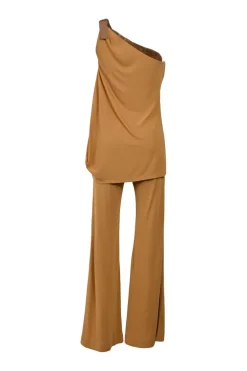 Camel draped viscose one-shoulder blouse and high-rise flared pants two-piece set