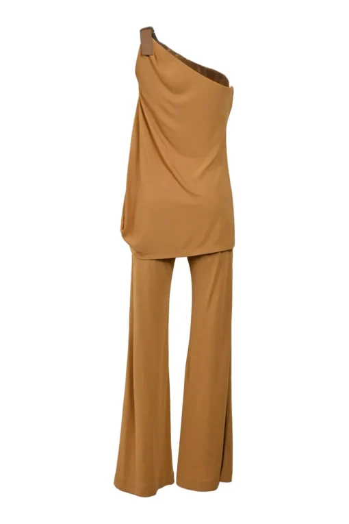 Camel draped viscose one-shoulder blouse and high-rise flared pants two-piece set