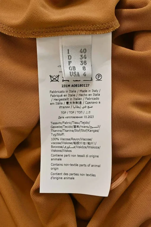 Camel draped viscose one-shoulder blouse and high-rise flared pants two-piece set