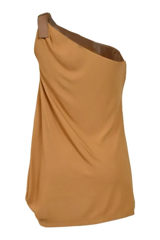 Camel draped viscose one-shoulder blouse and high-rise flared pants two-piece set