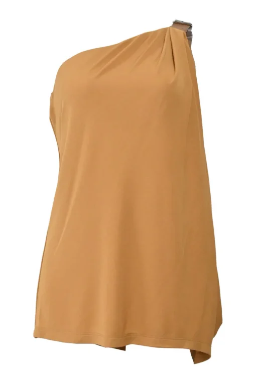 Camel draped viscose one-shoulder blouse and high-rise flared pants two-piece set