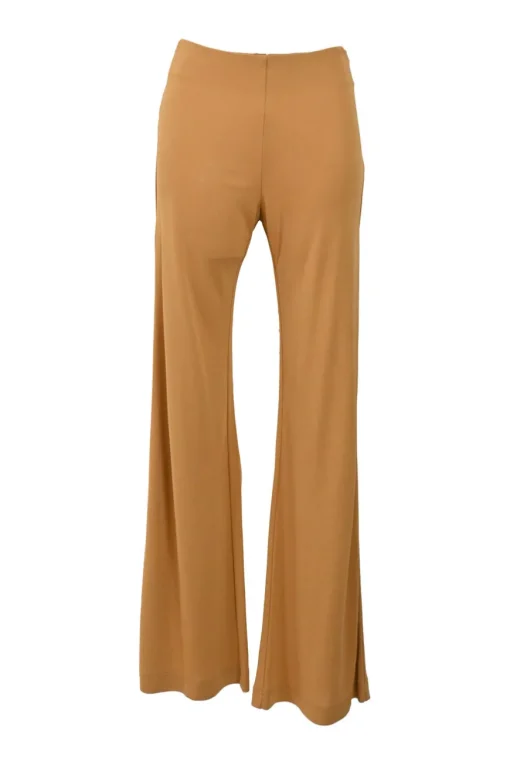 Camel draped viscose one-shoulder blouse and high-rise flared pants two-piece set