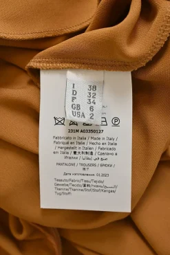Camel draped viscose one-shoulder blouse and high-rise flared pants two-piece set