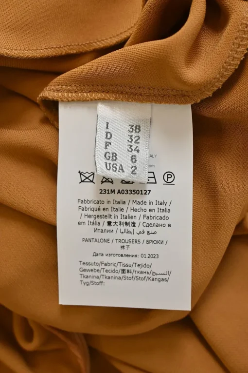 Camel draped viscose one-shoulder blouse and high-rise flared pants two-piece set