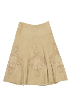Camel embellished raw edge suede pull-on A-line midi skirt featuring blessing broderie motif