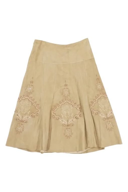 Camel embellished raw edge suede pull-on A-line midi skirt featuring blessing broderie motif