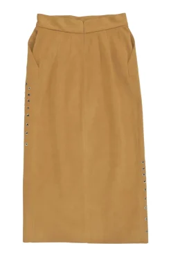 Camel grommet-embellished polyester-blend faux suede slit-front pencil skirt