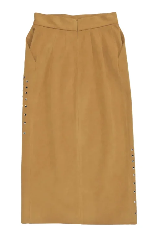 Camel grommet-embellished polyester-blend faux suede slit-front pencil skirt