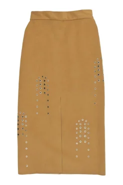 Camel grommet-embellished polyester-blend faux suede slit-front pencil skirt