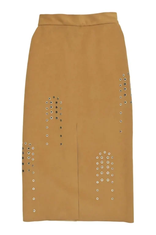 Camel grommet-embellished polyester-blend faux suede slit-front pencil skirt