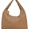 Camel intrecciato nappa leather hobo shoulder bag with contrast topstitching details