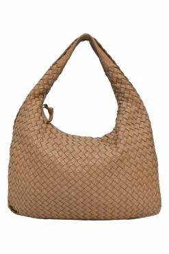 Camel intrecciato nappa leather hobo shoulder bag with contrast topstitching details