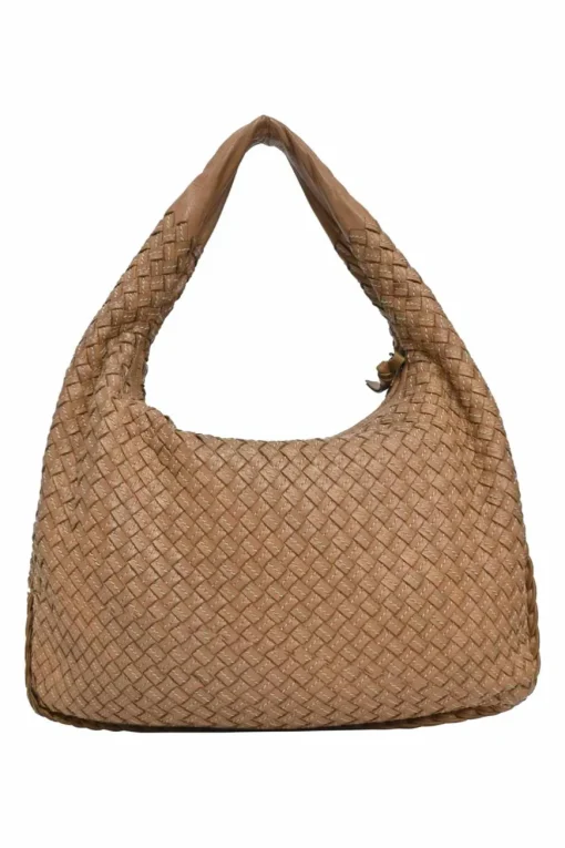 Camel intrecciato nappa leather hobo shoulder bag with contrast topstitching details
