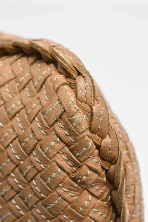 Camel intrecciato nappa leather hobo shoulder bag with contrast topstitching details