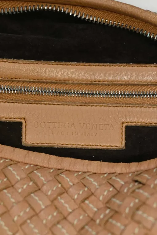 Camel intrecciato nappa leather hobo shoulder bag with contrast topstitching details