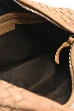 Camel intrecciato nappa leather hobo shoulder bag with contrast topstitching details