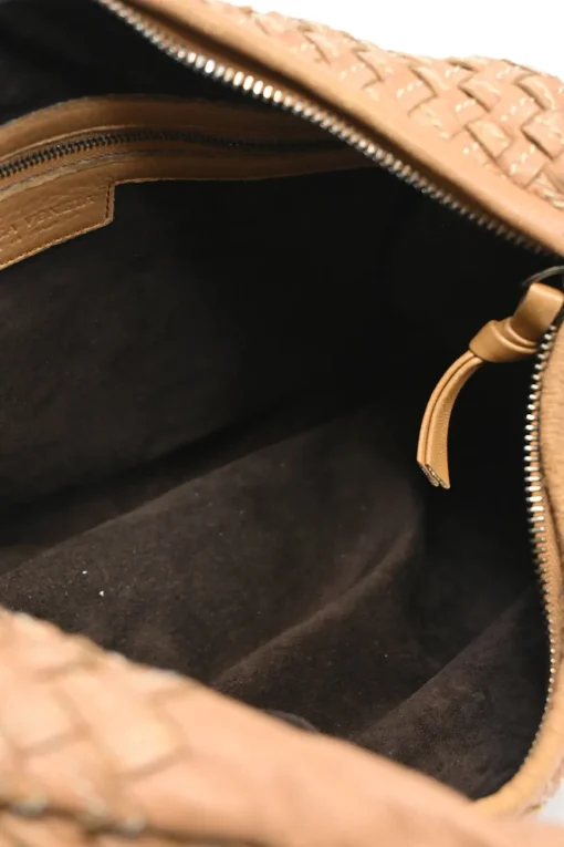 Camel intrecciato nappa leather hobo shoulder bag with contrast topstitching details