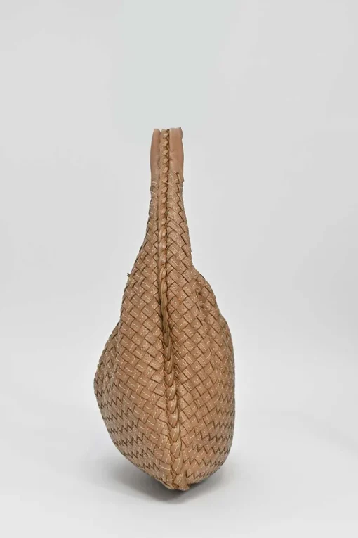 Camel intrecciato nappa leather hobo shoulder bag with contrast topstitching details
