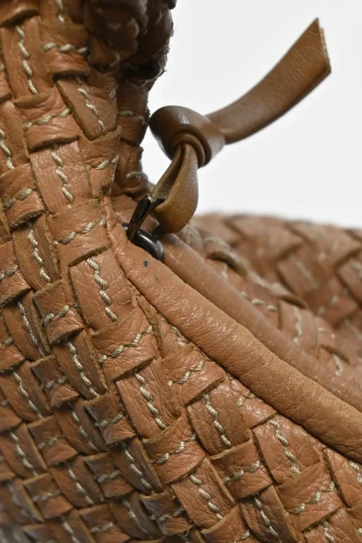 Camel intrecciato nappa leather hobo shoulder bag with contrast topstitching details