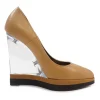 Camel leather and lucite pointed toe floating platform wedge pumps