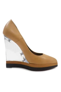 Camel leather and lucite pointed toe floating platform wedge pumps