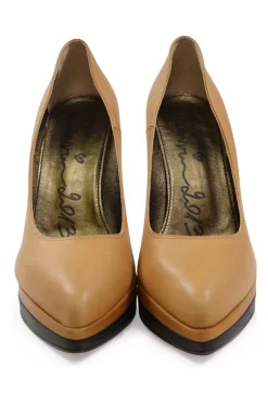 Camel leather and lucite pointed toe floating platform wedge pumps