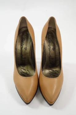 Camel leather and lucite pointed toe floating platform wedge pumps