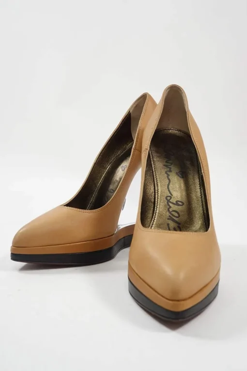 Camel leather and lucite pointed toe floating platform wedge pumps