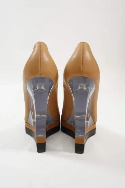 Camel leather and lucite pointed toe floating platform wedge pumps
