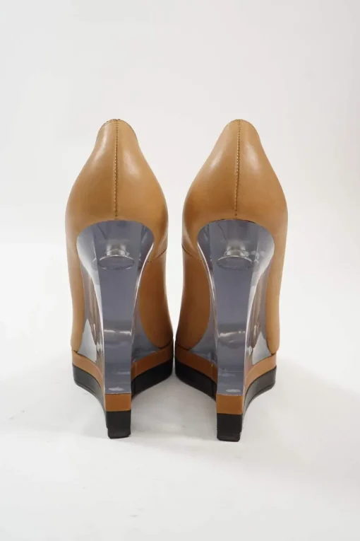 Camel leather and lucite pointed toe floating platform wedge pumps