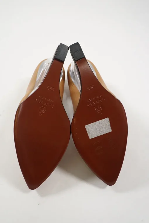 Camel leather and lucite pointed toe floating platform wedge pumps