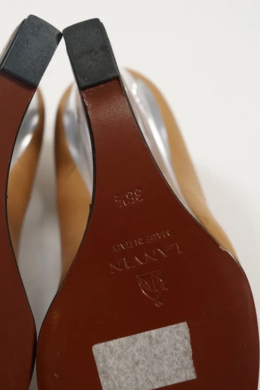 Camel leather and lucite pointed toe floating platform wedge pumps