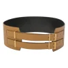 Camel leather harness belt with stacked buckle strap fastening