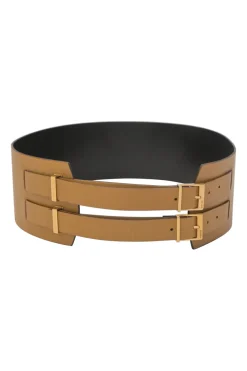 Camel leather harness belt with stacked buckle strap fastening
