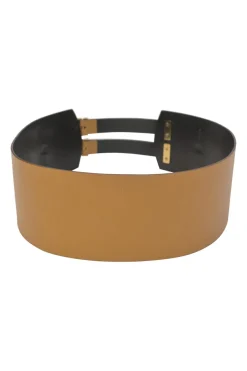 Camel leather harness belt with stacked buckle strap fastening