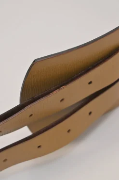 Camel leather harness belt with stacked buckle strap fastening
