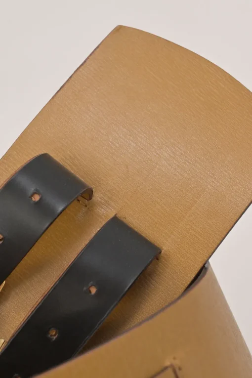 Camel leather harness belt with stacked buckle strap fastening
