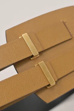 Camel leather harness belt with stacked buckle strap fastening
