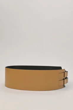 Camel leather harness belt with stacked buckle strap fastening