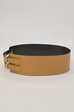 Camel leather harness belt with stacked buckle strap fastening
