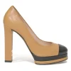 Camel leather round-toe platform block heel pumps with contrasting cap toes
